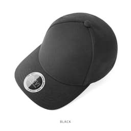 A black cap with a rounded crown and a branded logo on the side, positioned on a white background.