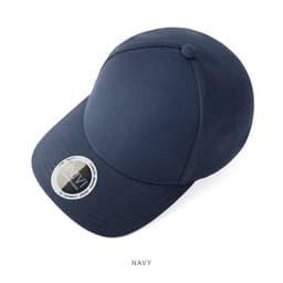 A navy cap with a rounded top and a logo on the brim. It features a textured fabric design.