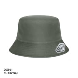 A premium bucket hat in charcoal grey, featuring a logo on the side.