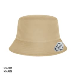 A khaki bucket hat featuring a round crown and wide brim, with an attached logo on the side.