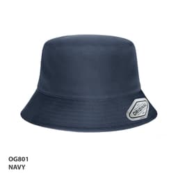 A navy bucket hat with a logo on the side and a wide brim.
