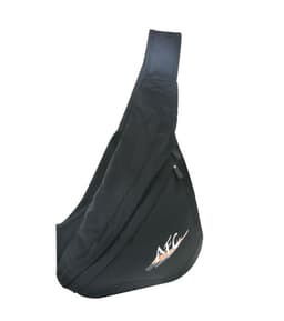 A black slingpack bag with a single shoulder strap and a logo design.