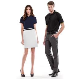 Two models wearing bamboo polo shirts; one in navy with orange accents and the other in black with yellow accents.