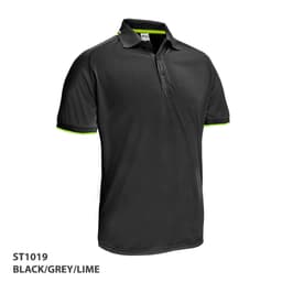 A black polo shirt with grey and lime accents, featuring a logo on the chest area.