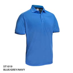 A blue polo shirt with grey and navy accents, featuring a collar and a small logo.