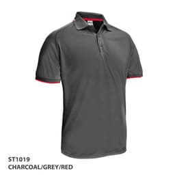 A charcoal polo shirt featuring red accents and a collar, with a logo on the chest.