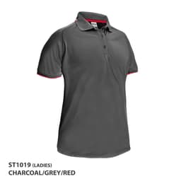 A charcoal polo shirt with grey and red accents, featuring a collar and a branded logo.