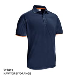 A navy polo shirt with grey and orange accents, featuring a logo on the chest.