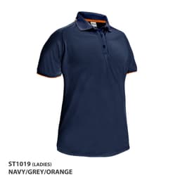 A navy polo shirt with grey and orange accents, featuring a collar and a logo.