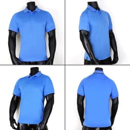 A blue bamboo polo shirt displayed from multiple angles, featuring a sleek design and a logo.
