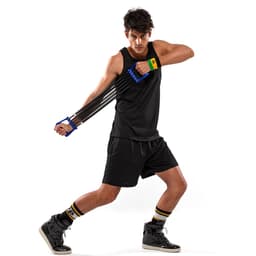 A black singlet worn by a male model, demonstrating an exercise with resistance bands. The outfit features shorts and sports shoes.