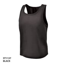 A black singlet featuring a logo, designed with a mesh panel for breathability. Ideal for casual wear or sports.