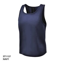 A navy singlet with a mesh back, featuring a logo. Suitable for casual wear or sports.