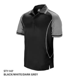 Polo shirt in black with white and dark grey accents, featuring a collar and a logo on the chest.