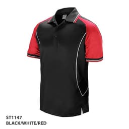 A black polo shirt with white and red accents, featuring a logo on the chest.