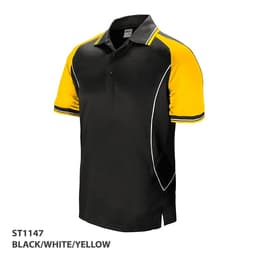 A polo shirt in black with yellow sleeves and white accents, featuring branding on the front.