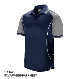 A navy, white, and dark grey polo shirt featuring contrasting sleeves and a logo.