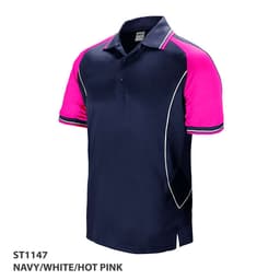 A polo shirt in navy with white and hot pink accents, featuring a logo on the chest area.