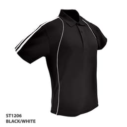 A black and white polo shirt with short sleeves and a collar, featuring side stripes and a logo.