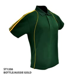 A green polo shirt with Aussie gold stripes, featuring a collar and branding logo.