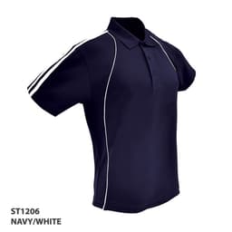 A navy and white polo shirt with short sleeves and a collar, featuring a logo.