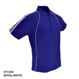 A royal blue polo shirt with white accents and a logo. Features a classic collar and short sleeves.
