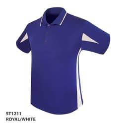 A royal blue polo shirt with white accents, featuring a collar and three buttons, and a branding logo.