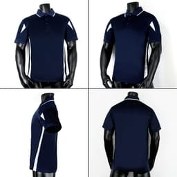 A navy blue polo shirt with white accents, displayed from multiple angles. Features short sleeves and a branding logo.