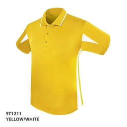 A yellow polo shirt with white accents and a logo, featuring a classic collar and short sleeves.