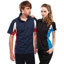 Two people wearing "Verve Polos" in navy blue and black, featuring red and blue accents. Both have a logo.
