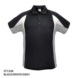 A black, white, and grey polo shirt featuring a contrasting design and a collar, with a logo on the front.