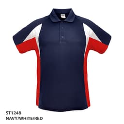 A navy, white, and red polo shirt featuring short sleeves and a logo on the front.