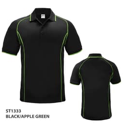 A black polo shirt with apple green detailing and a logo on the chest. Features short sleeves and a classic collar.