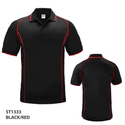 A black polo shirt with red detailing and a logo, displayed from the front and back.