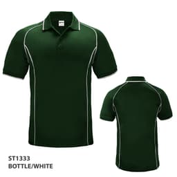 A bottle green polo shirt with white piping, featuring a collar and short sleeves. Brand logo is present.