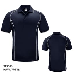 A navy and white polo shirt with short sleeves and contrasting piping. Features a logo on the front.