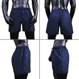 Navy blue sports shorts displayed from multiple angles, featuring an elastic waistband and a logo.