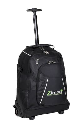 A black wheeled backpack with a retractable handle, featuring a front zip pocket and logo branding.