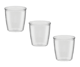 Three clear, transparent 4oz tasting cups arranged in a row, showcasing their simple design. Each cup has a smooth finish and a rounded shape.