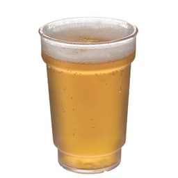 A 425ml clear plastic cup filled with golden yellow beer, featuring a frothy white head. It has a logo on the side.