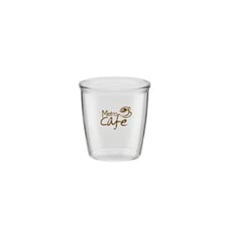 A transparent 4oz tasting cup with a curved design and a logo printed on one side.