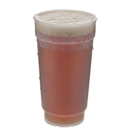 A drink bottle with a frothy beverage, featuring a transparent design and a logo on the surface.