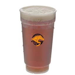 A drink bottle featuring a translucent cup with a frothy beverage and a logo, in shades of amber and clear.