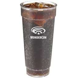 A drink cup filled with a dark fizzy beverage, featuring a logo and a transparent design.