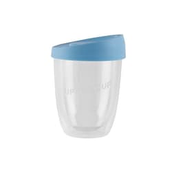 A drink bottle featuring a clear double-walled design and a light blue lid, with a logo on the side.