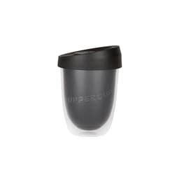 A drink bottle featuring a double wall design in clear and black colours, with a branding logo on the side.