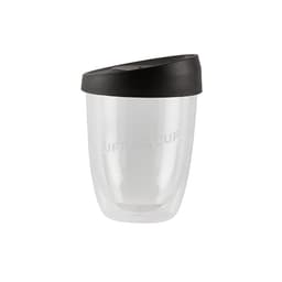 A drink bottle featuring a transparent body with a black lid. It has a logo on the front.