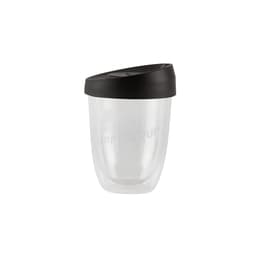 A double wall cup in clear and black, featuring a lid and a branding logo. Holds 237ml (8oz).