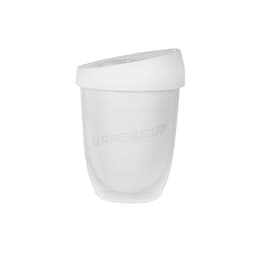 A drink bottle in clear plastic with a white lid, featuring a brand logo. Double wall design for insulation.