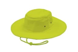 A luminescent safety hat in bright yellow with a wide brim and an adjustable chin strap. It features ventilation holes and a logo.